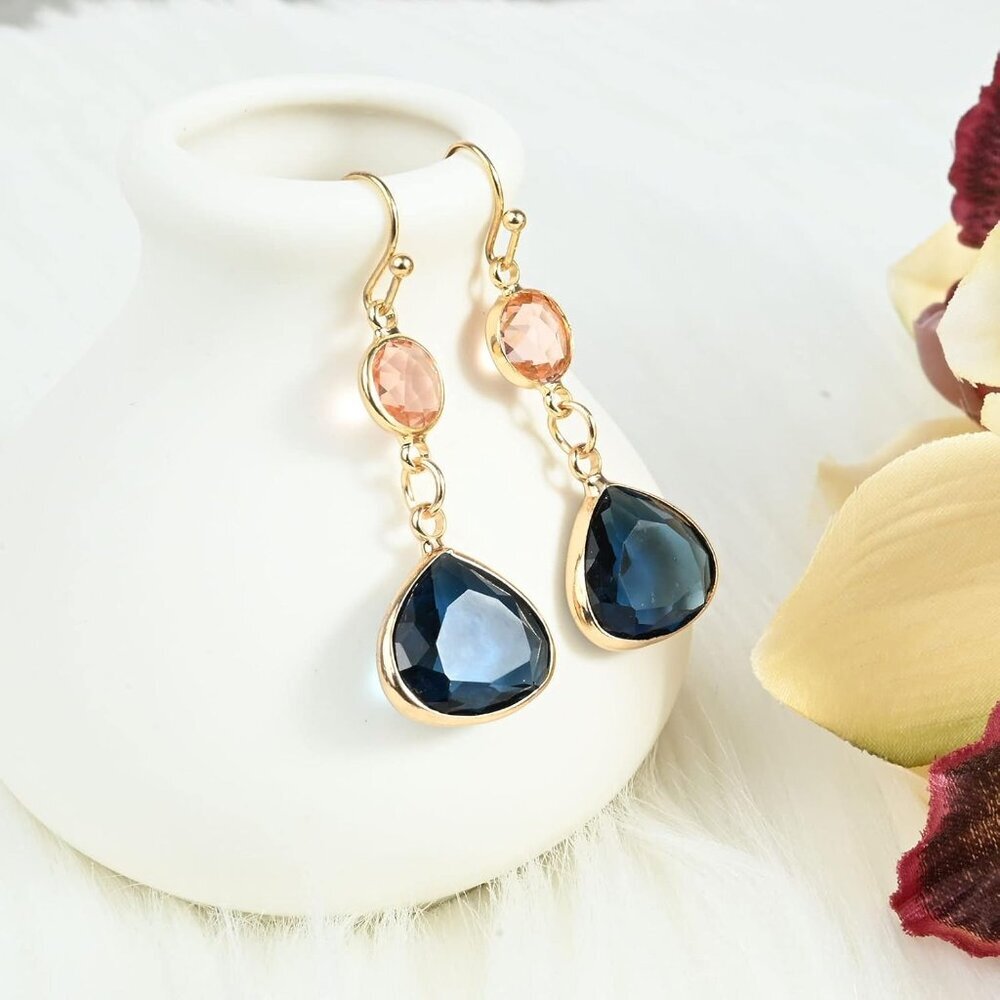 Sapphire Blue Dangle Earrings Blue Topaz Gold Handmade Aquamarine Drop Earrings - Picture 6 of 7
